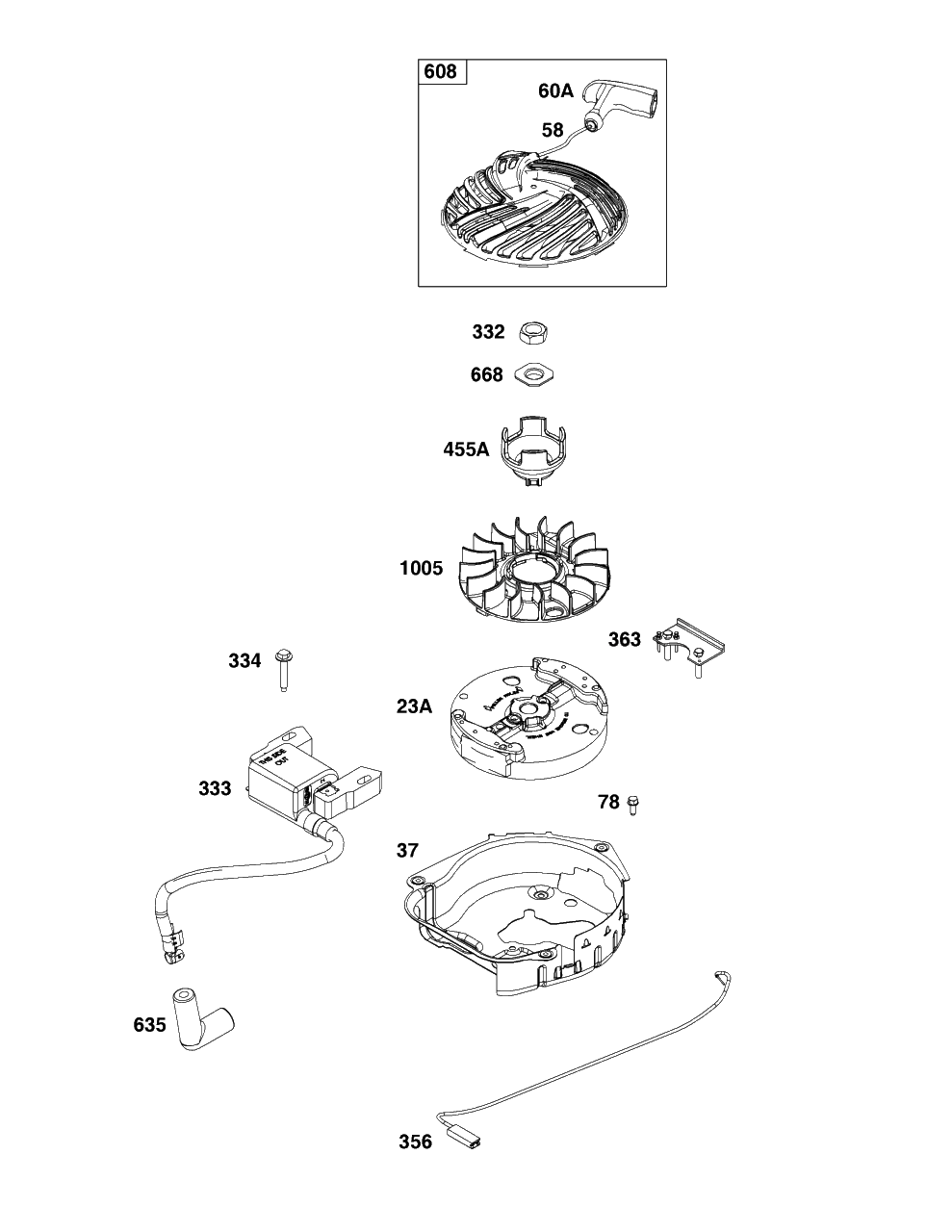 Flywheel, Ignition, And Starter Group Diagram and Parts List for 93J02-0106-H1  Briggs and Stratton Engine